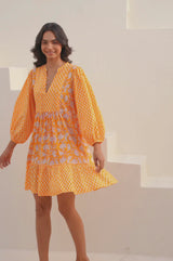 Marina Organic Cotton Print Mix Dress | Dianthus Print Yellow/White