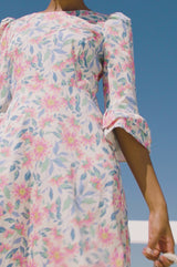 Victoria Round Neck Printed Cotton Sateen Dress | Pink/Blue