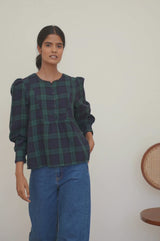 Checked Double Cloth Organic Cotton Blouse | Navy/Green