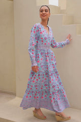 Billie Organic Cotton Block Print Dress | Gardenia Blue/Red