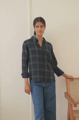 Mel Checked Double Cloth Organic Cotton Shirt | Navy/Green