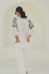 Ida Embroidered Cotton Top | Ecru/Navy Black