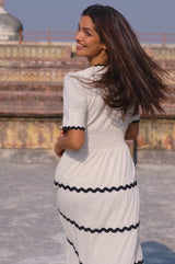 Viola Short Sleeve Organic Cotton Ric Rac Dress | Antique Cream/Black