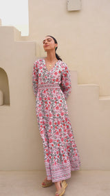 Billie Organic Cotton Block Print Dress | Gardenia Pink/Green