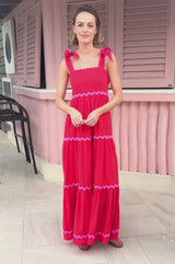 Tabitha Organic Cotton Dobby Ric Rac Dress | Red/Pink