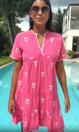 India Embroidered Organic Cotton Dress | Strawberry Pink/White