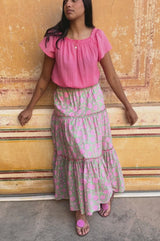 Becks Organic Cotton Block Print Skirt | Mara Green/Pink