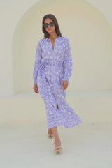 Cara Organic Cotton Block Print Dress | Iris Blue/White