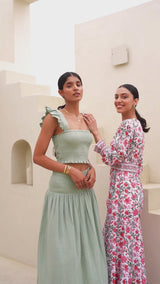 Billie Organic Cotton Block Print Dress | Gardenia Pink/Green