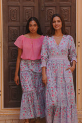 Becks Organic Cotton Block Print Skirt | Gardenia Blue/Red