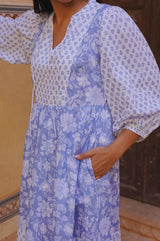 Martha Organic Cotton Print Mix Dress | Blossom Print Blue/White