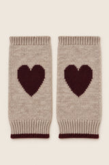 Merino Wool Fingerless Heart Gloves | Oat/Burgundy