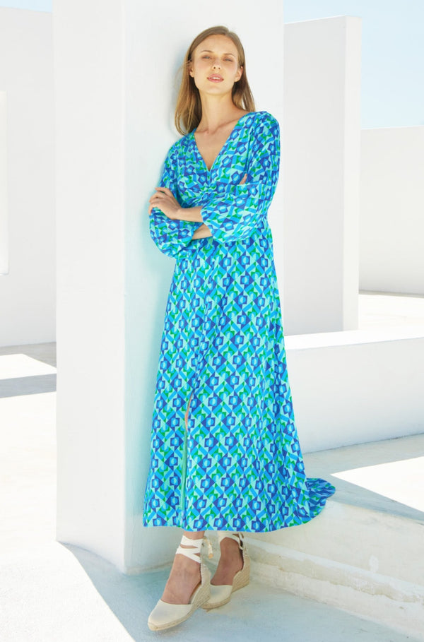 Katriona Satin Dress | Tropical Geo Navy/Turquoise