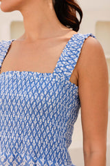 Rhianna Organic Cotton Dress | Flower Stamp Cornflower/White