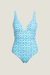 Recycled V-Neck Ruched Swimsuit | White/Turquoise - Aspiga