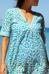 Santorini Cotton Kaftan | Soft Cheetah White/Turquoise