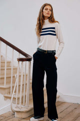 Merino Wool Striped Slim Fit Polo Neck | Cream/Navy