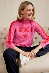 Merino Wool Ski Star Motif Slim Polo Neck Jumper | Pink/Red