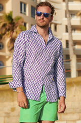 Men's-Printed-Linen-Shirt-Trident-White/Purple