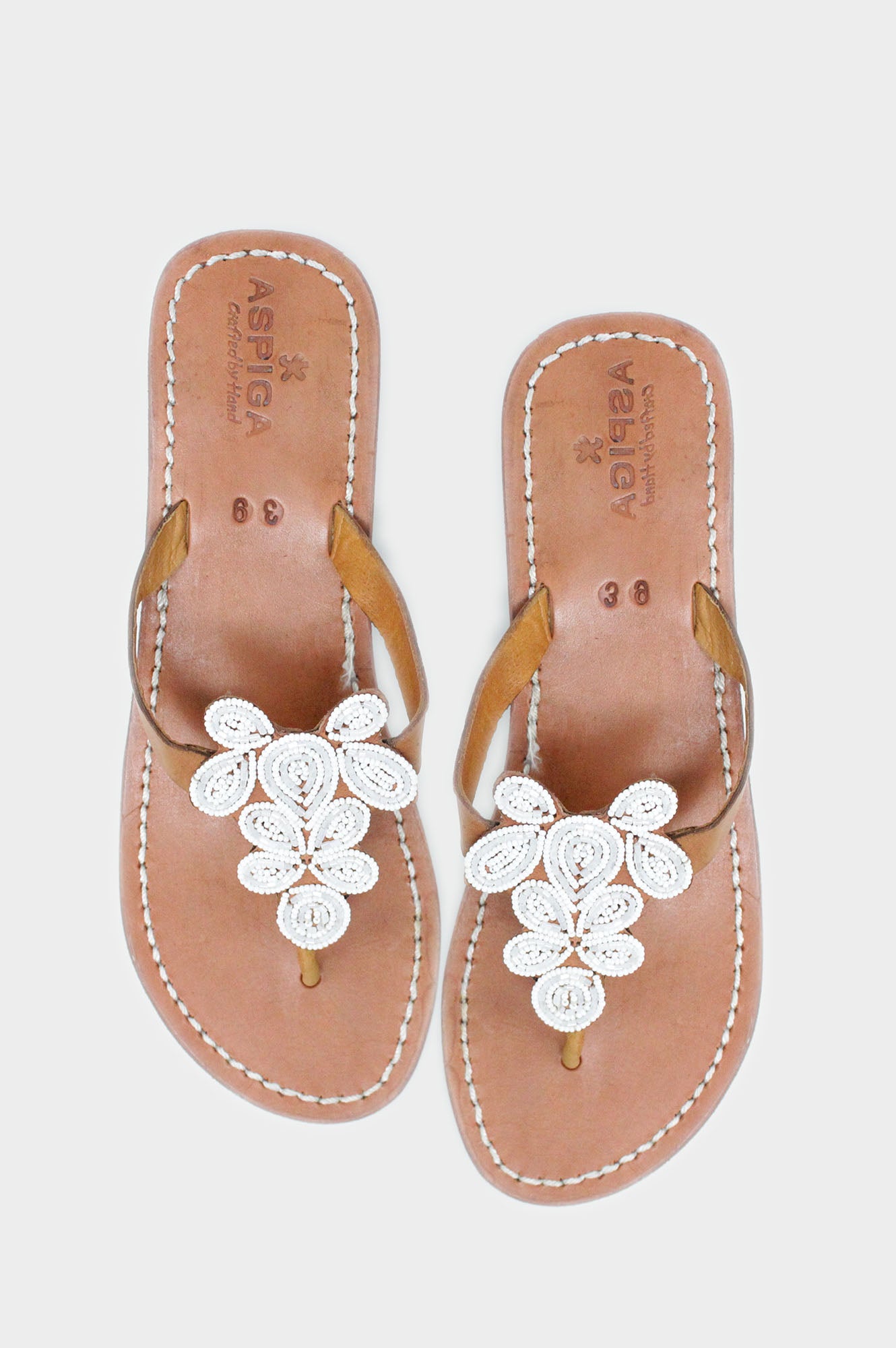 Aspiga Sustainable Leather and Glass Beaded Handmade Sandals White