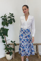 Sylvia Sateen Midi Skirt | Blue/White