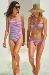 Triangle-Recycled-String-Top-and-String Bikini Tie Side-Bottoms-Aztec-Feathered-Raspberry