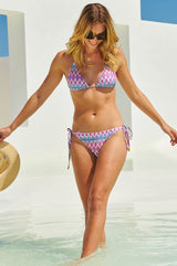 Triangle-Recycled-String-Top-and-String Bikini Tie Side-Bottoms-Aztec-Feathered-Raspberry