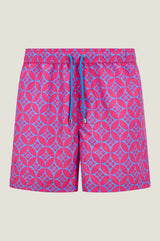 Bright pink and blue patterned swim shorts with drawstring waist, displayed on a white background.