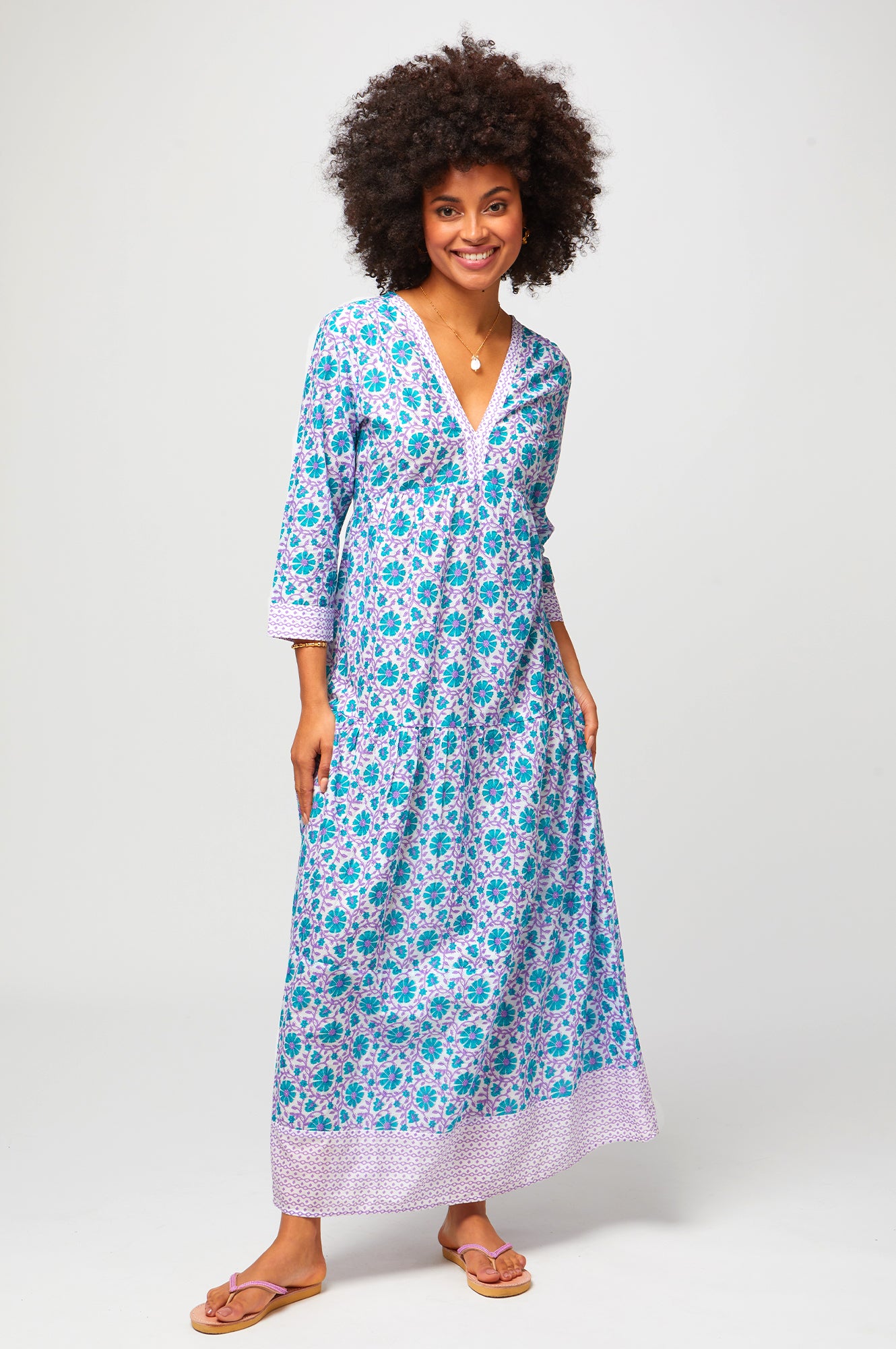 White maxi dress with purple sales flowers
