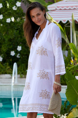 Guadalupe Organic Cotton Short Tunic | White/Gold - Aspiga