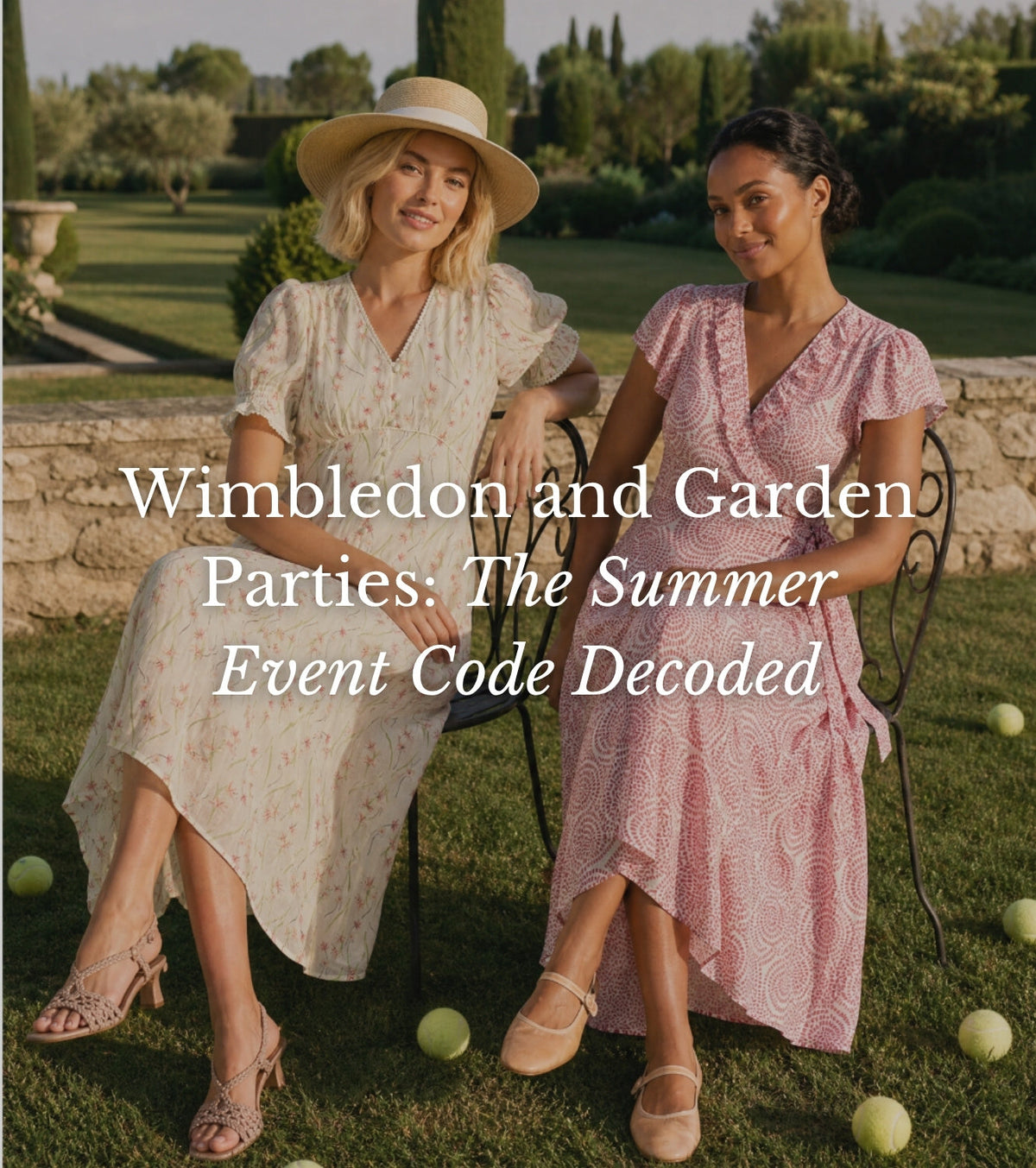 Two women modelling Aspiga occasionwear dresses in front of a Wimbledon-inspired tennis court backdrop, styled for summer events, weddings and race days.