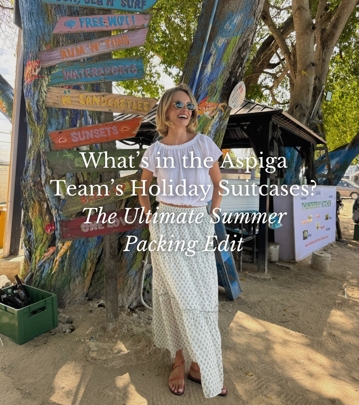 a women modelling an aspiga outfit on holiday
