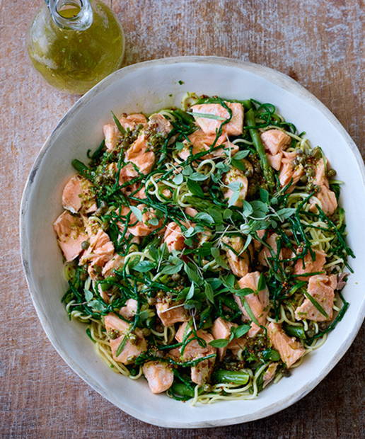 Recipes - Salmon Fillets, Noodles, Courgetti and Asparagus with Tarragon Lime and Caper Dressing