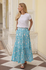 Becks Block Print Skirt | Ornate Flower Turquoise