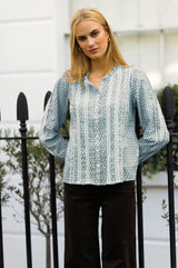 Vienna Printed Long Sleeve Blouse | Ice Blue/Off White