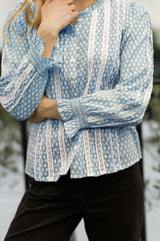 Vienna Printed Long Sleeve Blouse | Ice Blue/Off White