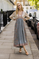 Toula Dress | Ecru/Blue