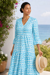 Hayden Organic Cotton Dress | Ikat White/Turquoise