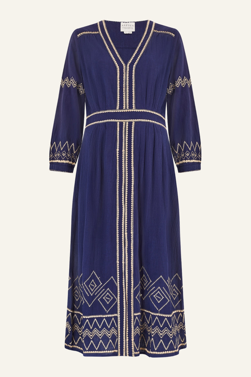 Jamila Embroidered Dress | Navy/Gold