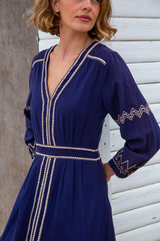 Jamila Embroidered Dress | Navy/Gold