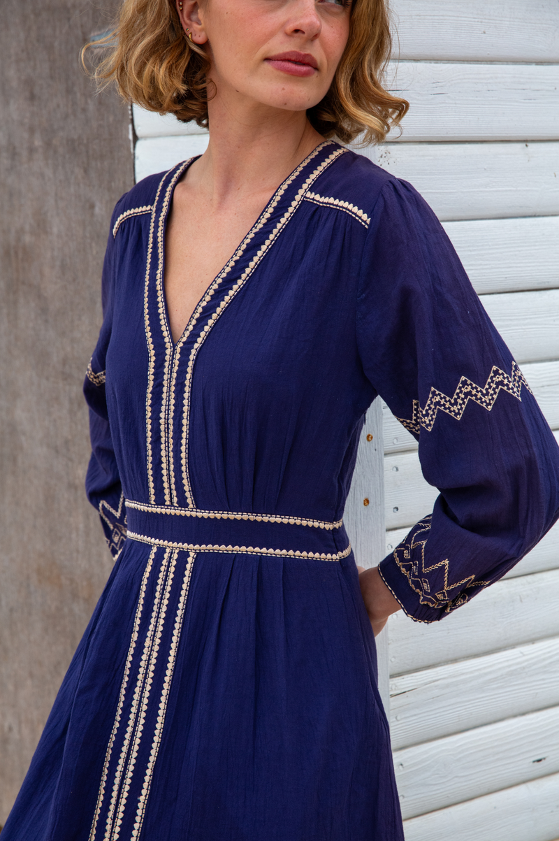 Jamila Embroidered Dress | Navy/Gold
