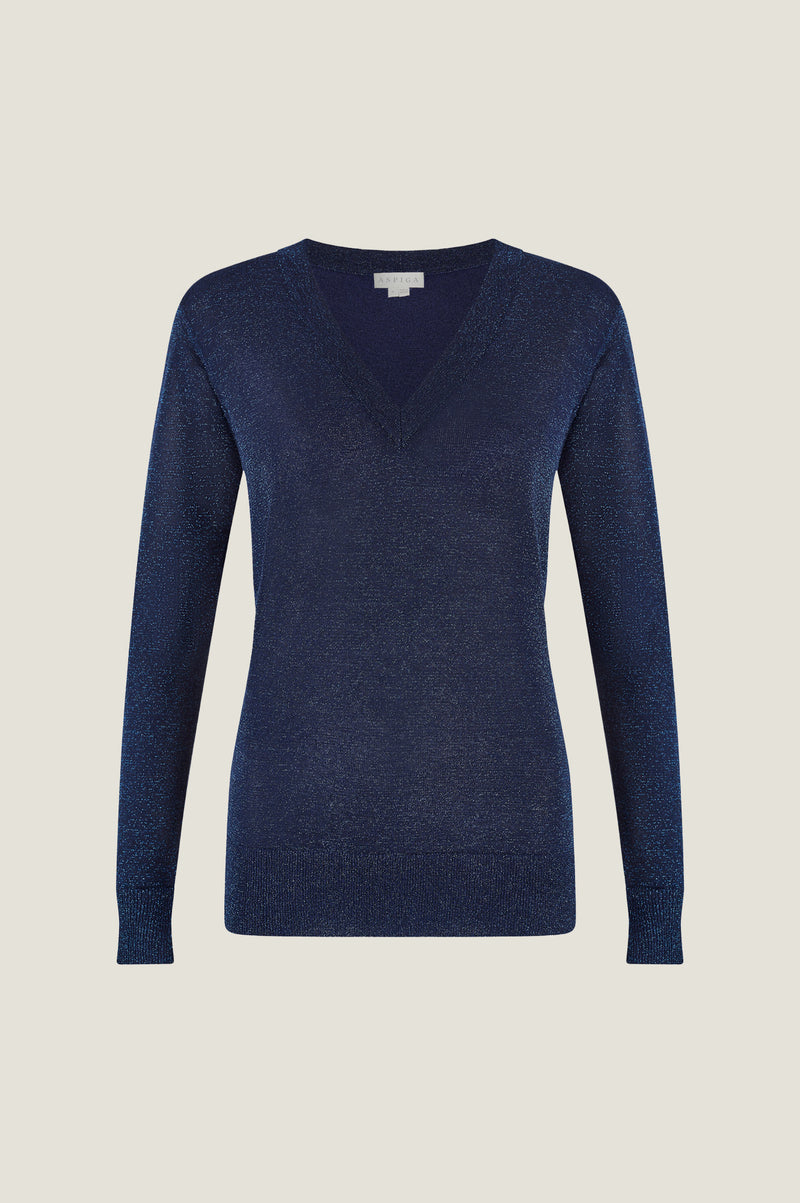 Metallic Knit V-Neck Jumper | Navy