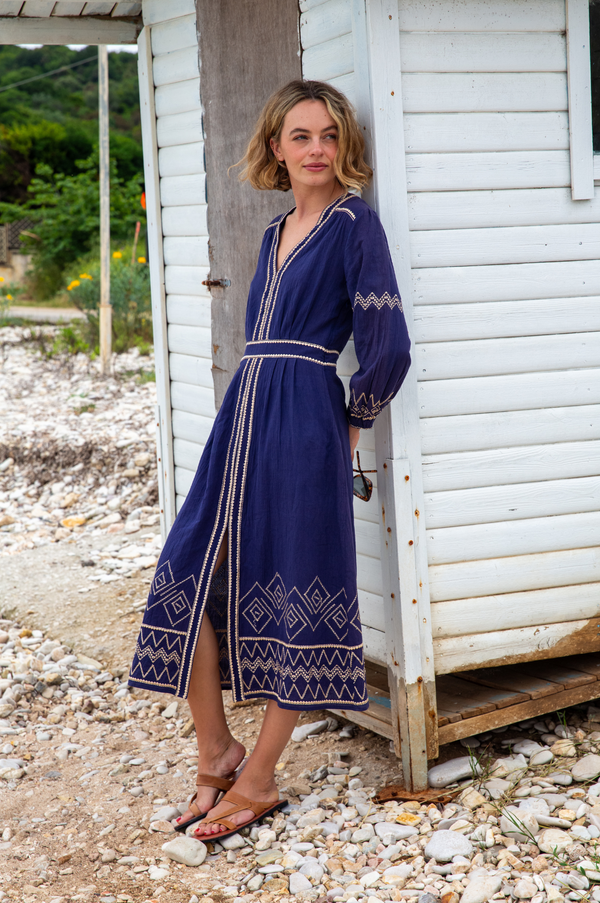 Jamila Embroidered Dress | Navy/Gold