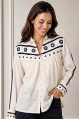 Embroidered Button Through Long Sleeve Blouse | Ecru/Navy