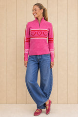 Merino Wool Stripe Hearts Quarter Zip | Pink/Red