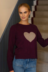 Cashmere Crew Neck Heart Jumper | Burgundy/Oat