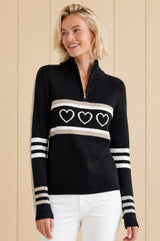 Merino Wool Stripe Hearts Quarter Zip | Black/Off White/Taupe