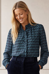 Printed Frill Collar Blouse | Navy/Ice Blue