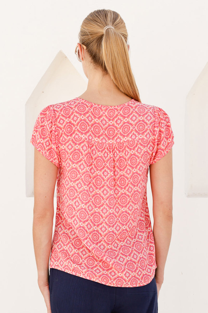 Lisbon Viscose Crinkle Blouse | Flower Tile Coral/Pink