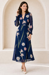 RHS Printed V Neck Chiffon Dress | Navy